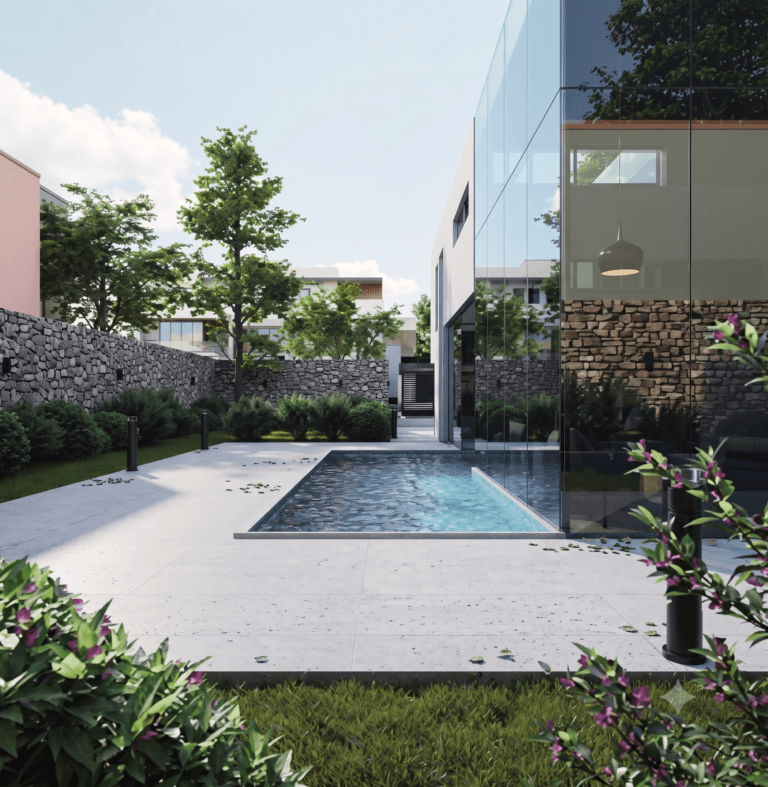 Modern concrete pool deck with large format pavers